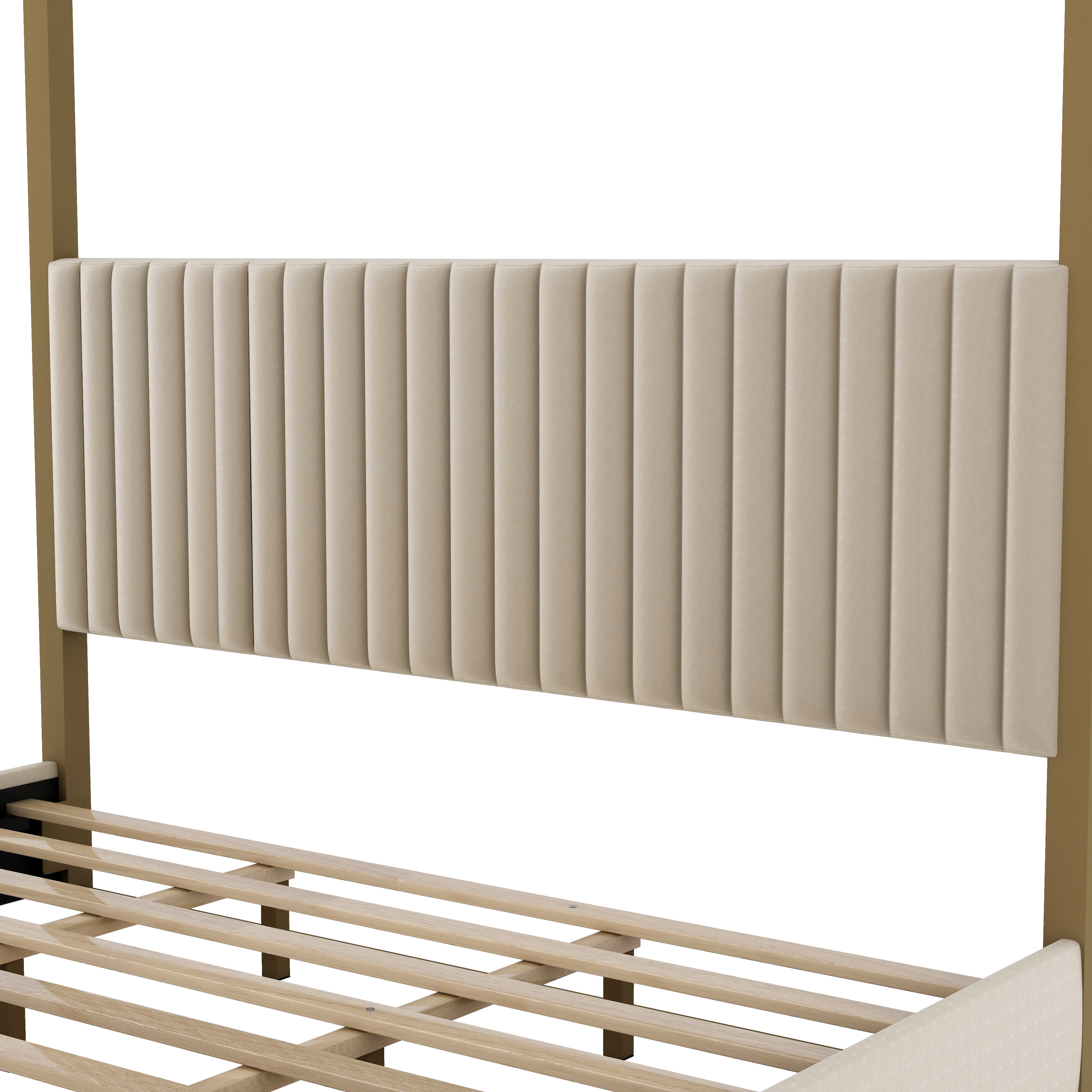 Euroco King Size Canopy Bed with Metal Frame and Upholstery Headboard, Beige