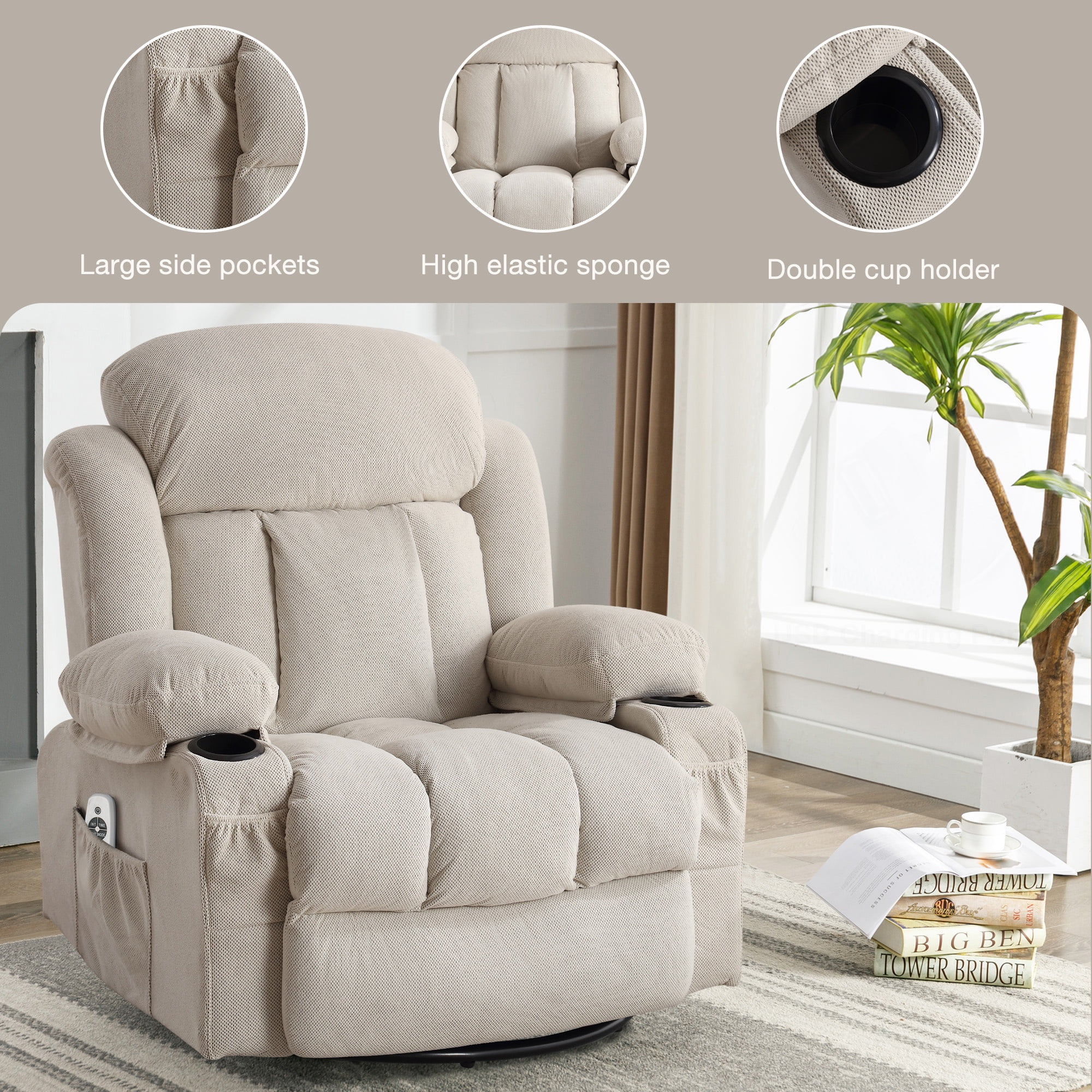 HSUNNS 360° Swivel Recliner Chair with Massage & Heat, 135° Recline, Living Room Recliner with USB Port, Cup Holder and Storage, 350LB Ergo Lounge Chair Beige