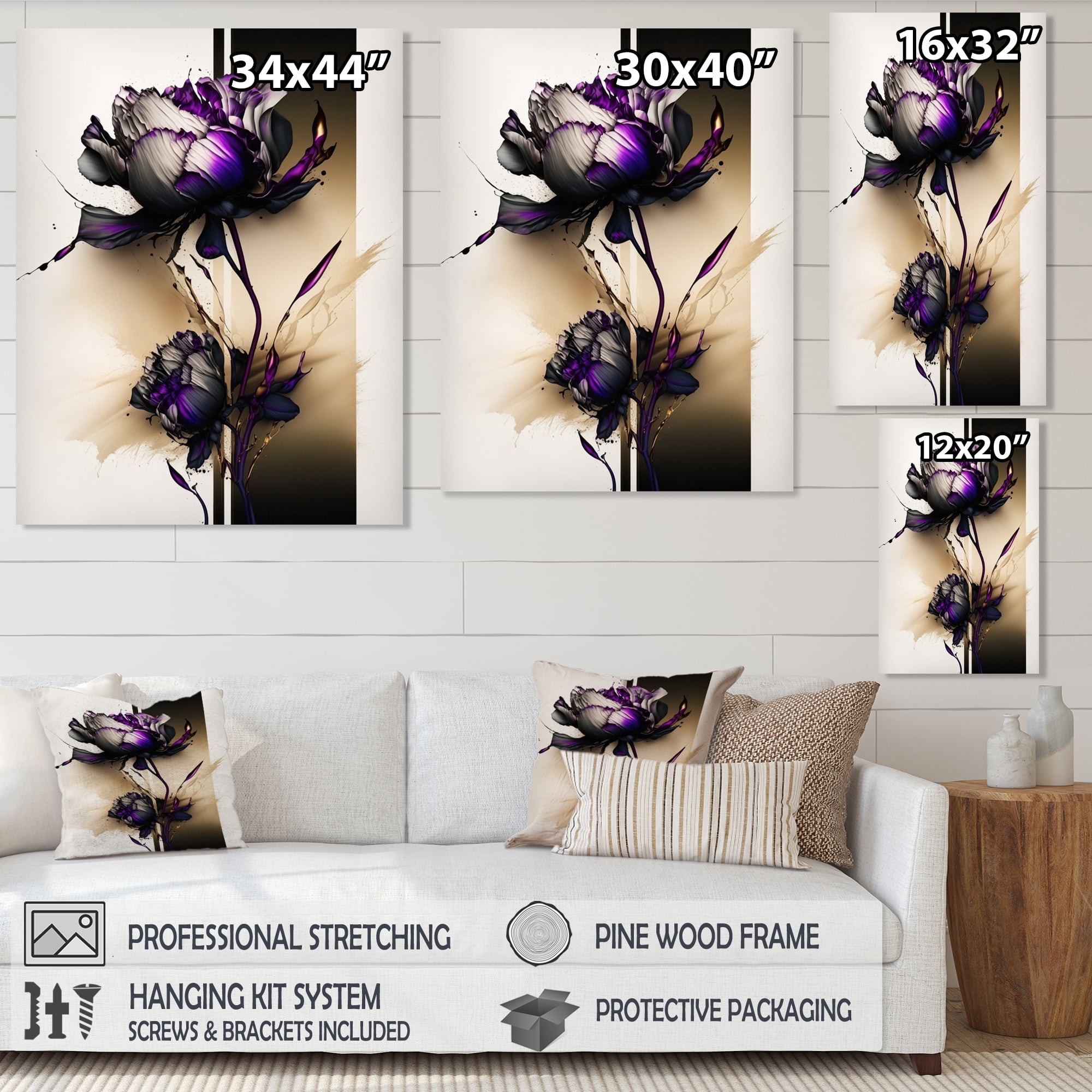 Designart Puple Peony Flower On Abstract Paint IV Canvas Wall Art