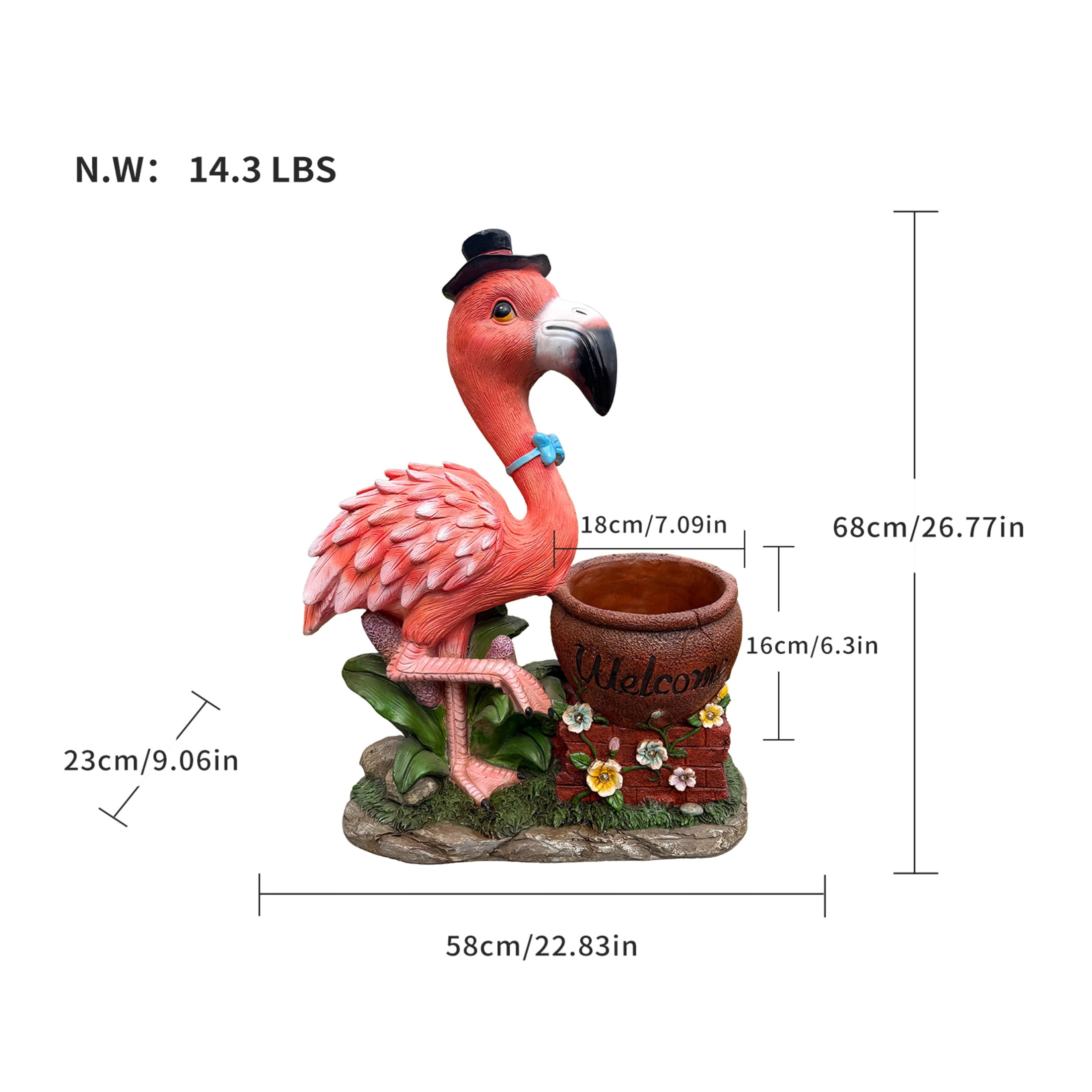 Noble House Black Hat Flamingo Garden Planter Pot, Whimsical Resin Figurine Flower Pot for Outdoor Porch and Yard Decor, Multicolor
