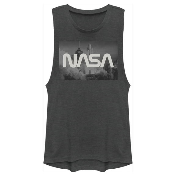 Junior's NASA Space Shuttle Blast Off Text Over Lay  Festival Muscle Graphic Tee Charcoal Large