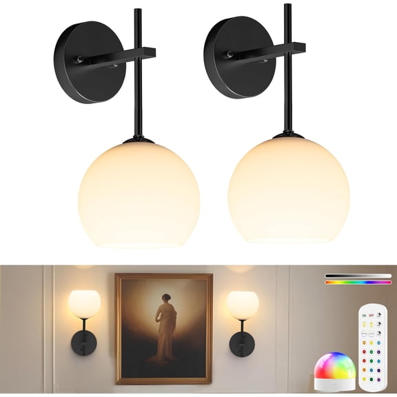 Battery Operated Wall Sconces Set of 2, Wireless Rechargeable Wall Light with Remote, Frosted Glass LED Lamp, 3 Colors RGB, Black for Living Room Bedroom