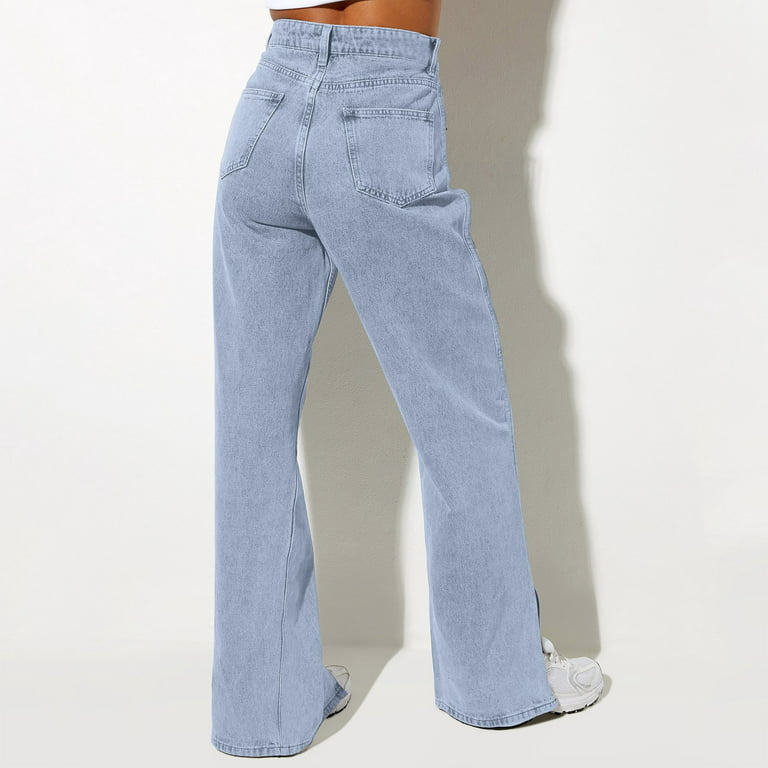 Kayannuo Pants for Women Jeans Fashion Christmas Clearance Women Jeans  Solid Color Jeans Gradient Washed Trousers With Slits BLUE 