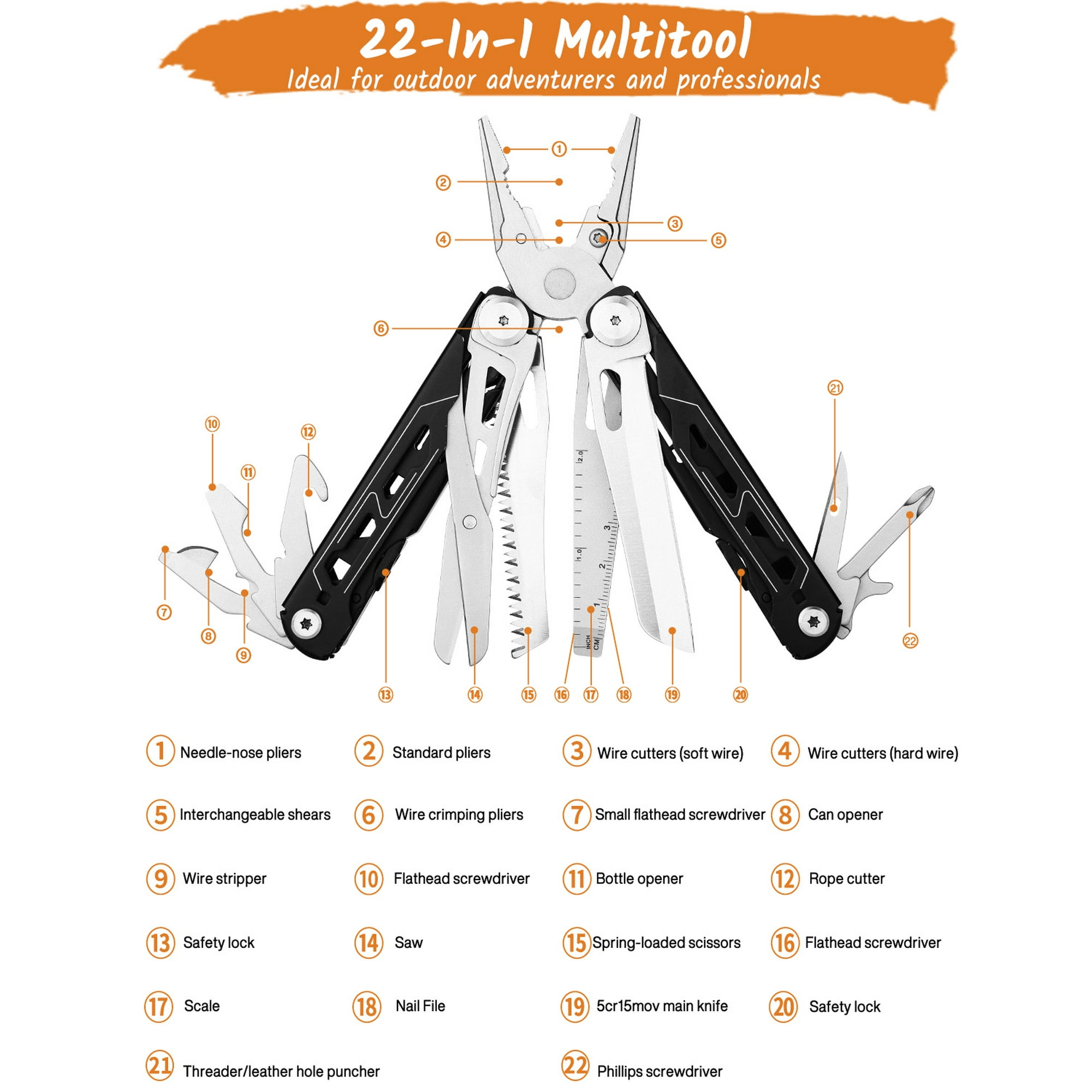 Multitool Pliers, 22-in-1 Folding Pocket Knife with Needle Nose Plier, Screwdrivers,Bottle Opener, Perfect Outdoor Tool