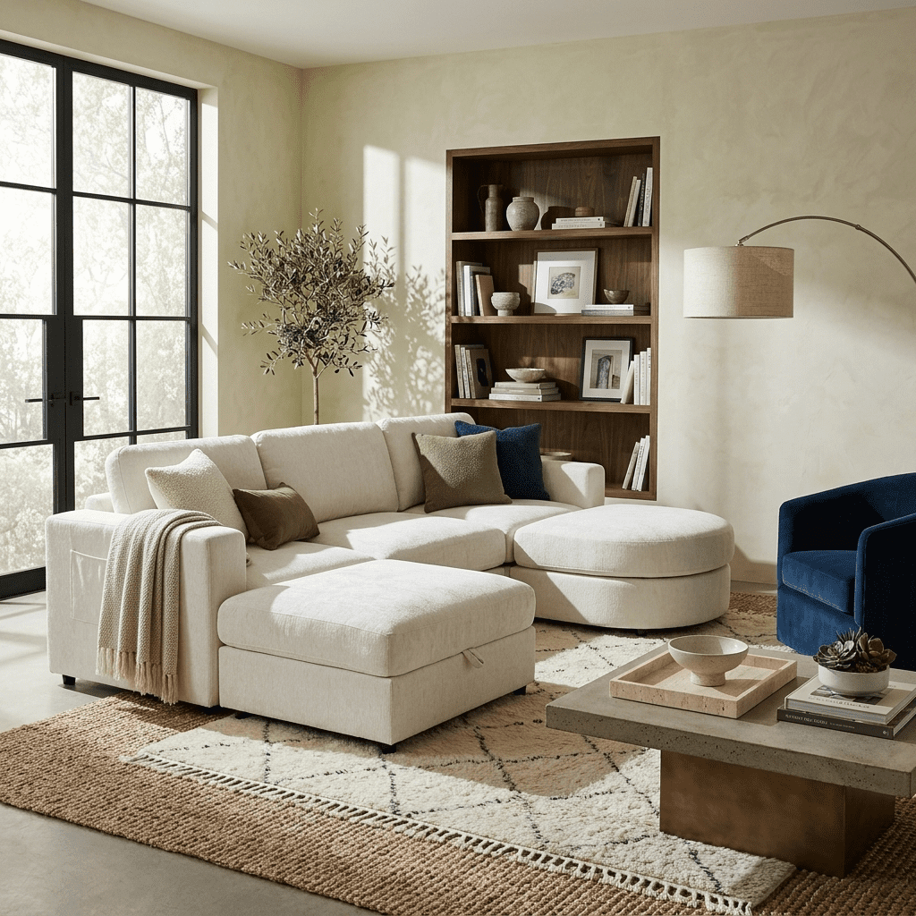 Wakefit 102.4" U-Shaped Sectional Sofa with Storage Ottoman & Curved Chaise,Modern Chenille Modular Couch with Drop-Down Console,Built-in Cup Holders & Side Pockets for Living Room,Beige