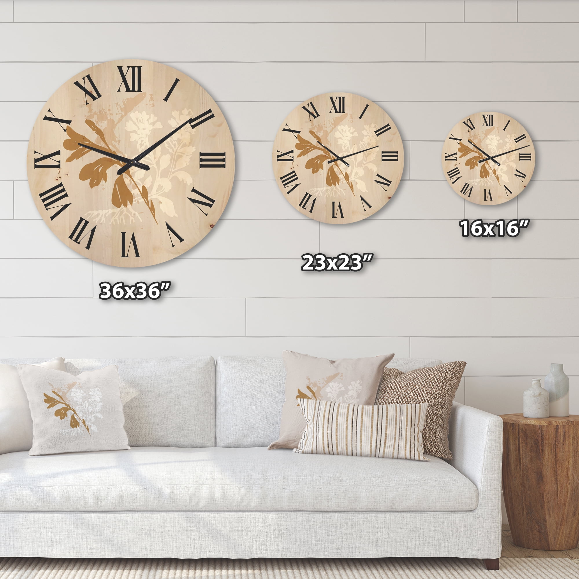 Designart 'Minimal Botanical Design In White and Brown' Traditional Wood Wall Clock
