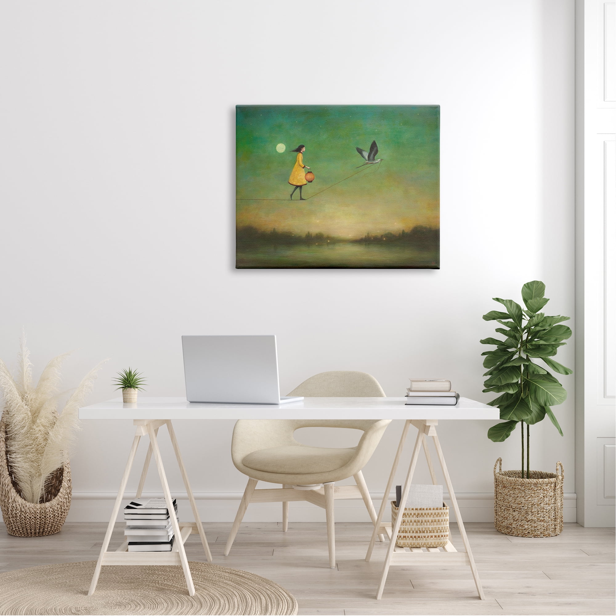 Girl Following Bird Yellow Dress Vivid Green Landscape Animals & Insects Painting Gallery-Wrapped Canvas Print Wall Art