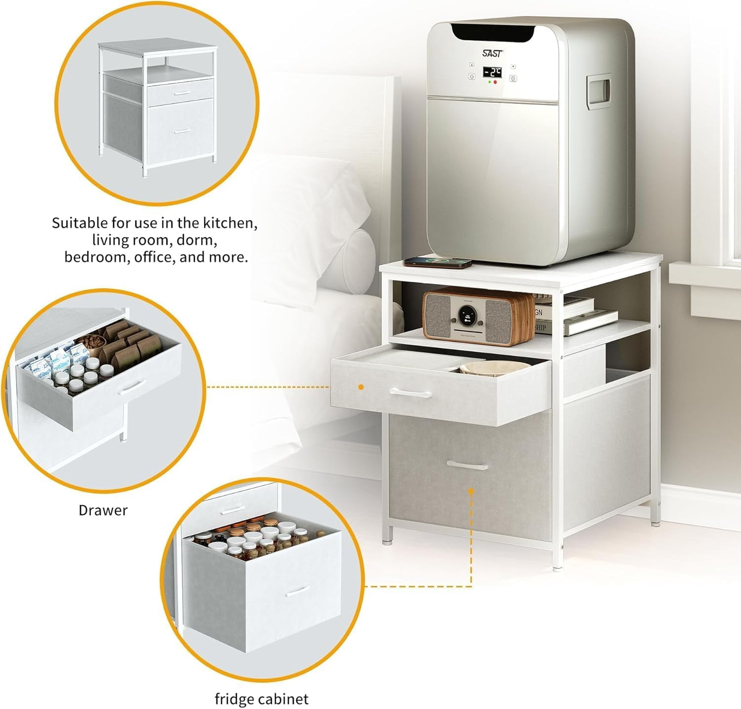 Mini Fridge Stand with 3 Storage, Mini Fridge Cabinet, Beverage Fridge Table, Heavy Duty 18.11" L* 18.11" W Tabletop, for Dorm, Apartment,Office, Bedroom