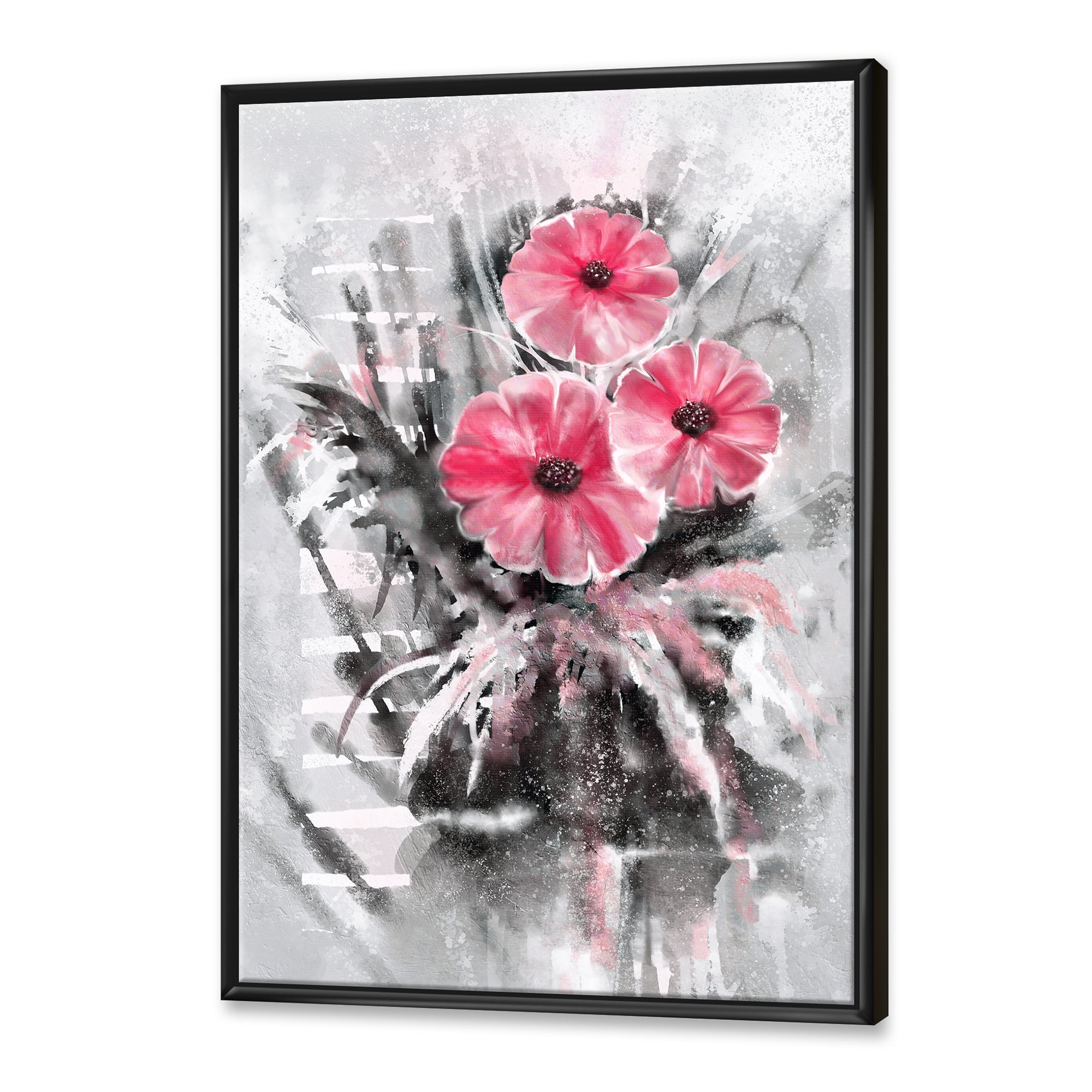Designart 'Abstract Red Flowers On Gray Background' Traditional Framed Canvas Wall Art Print