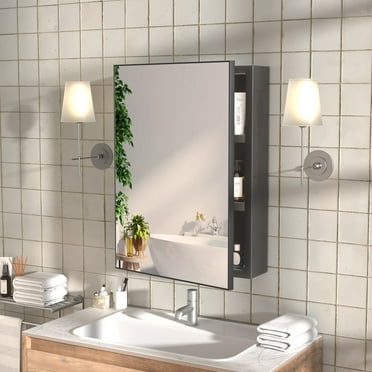 Medicine Cabinet with Mirror, Bathroom Wall Mount Storage Cabinets, Aluminum Cabinet Organizer with Shelves, Black