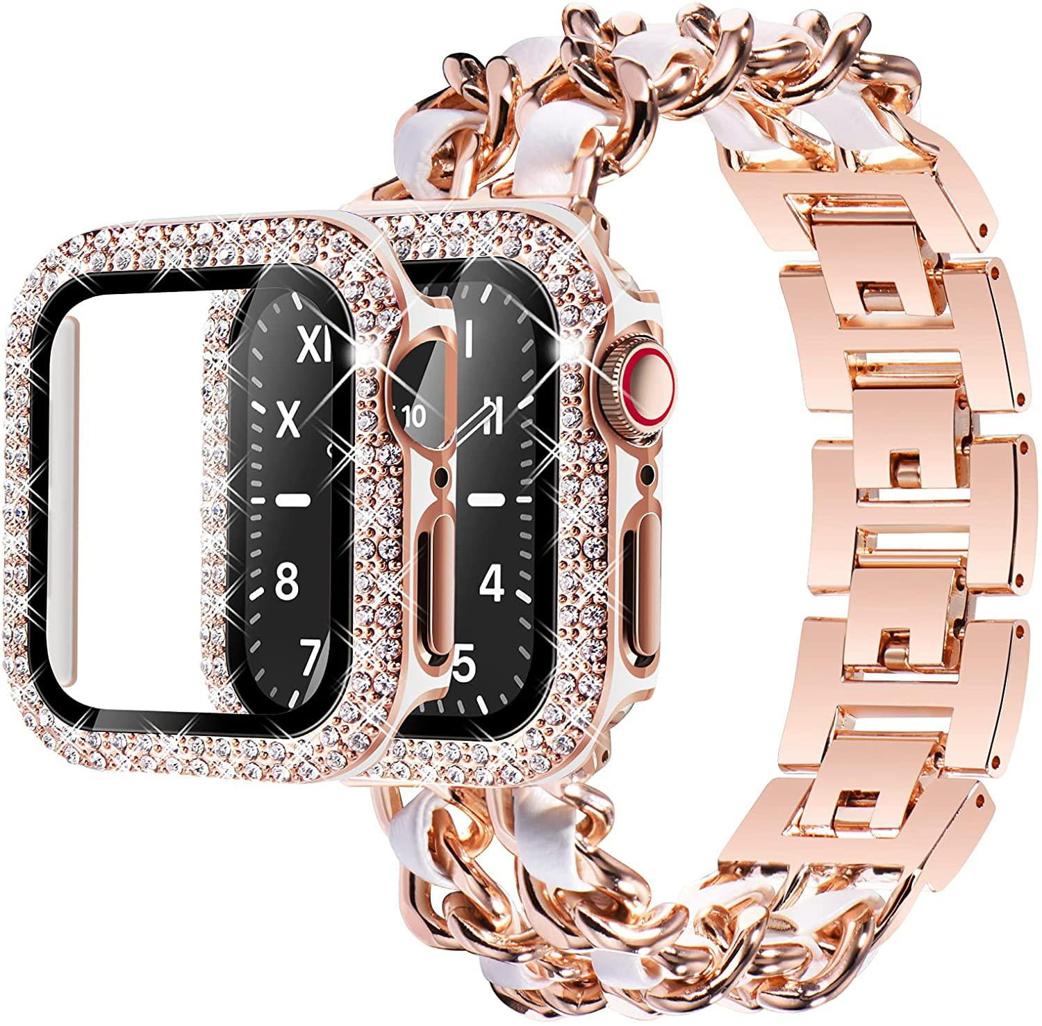 YuiYuKa Metal Stainless Steel Band and Case for Apple Watch 44mm 45mm 40mm  42mm 38mm 41mm Hard Bling Cover Bumper with Chain Link Metal Interwoven  Leather Strap for iWatch Series 8 7