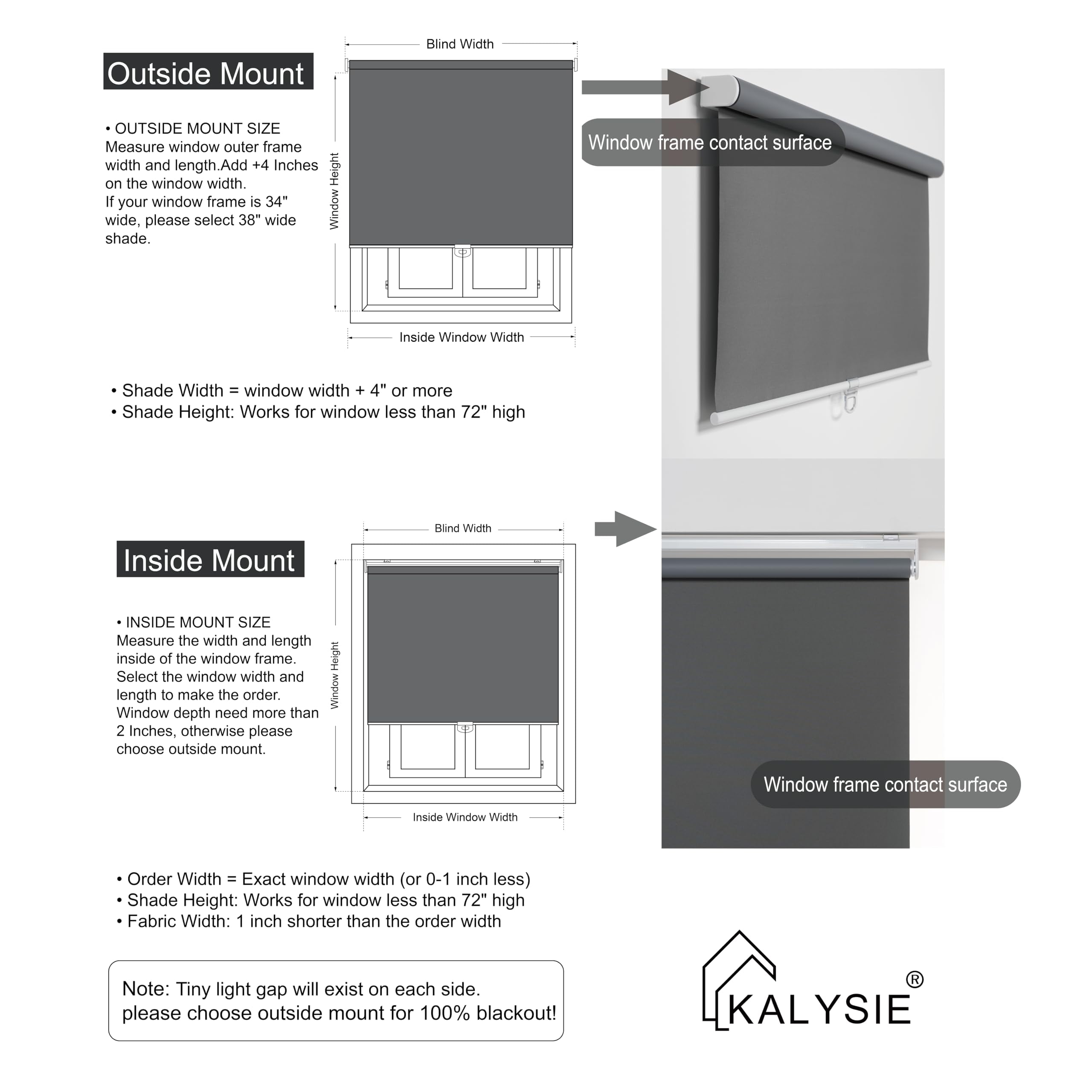 KALYSIE Cordless Roller Shades 100% Blackout Blinds for Windows and Doors, Pull Down Room Darkening Window Shades, Easy to Install for Home and Office, Grey, Fixed 75 Inches High, 39 Inches Width