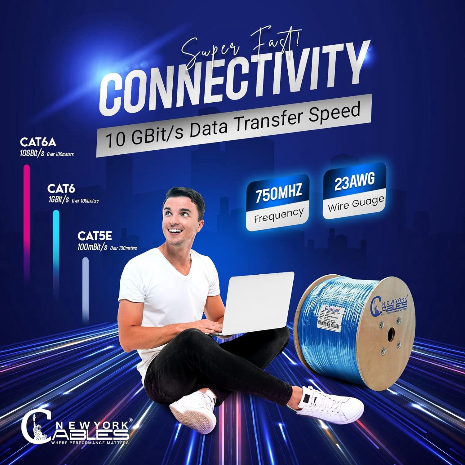 NewYork Cables Bulk 1000ft Cat6A Riser CMR Solid Bare Copper 750Mhz UTP Ethernet LAN Cable Grey