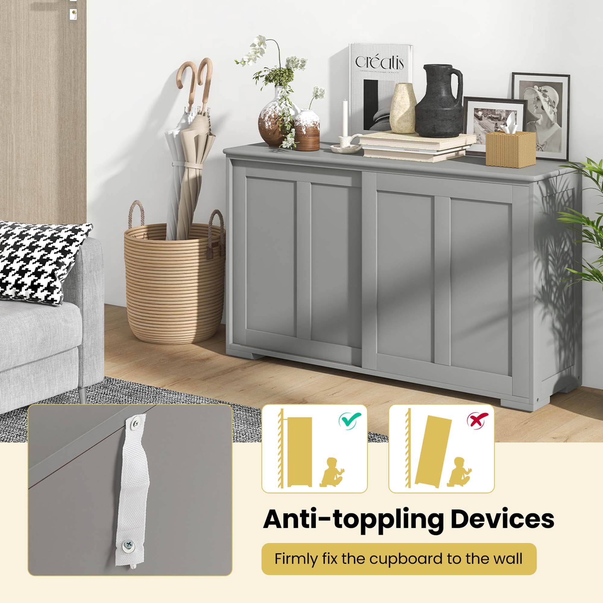 Costway Kitchen Storage Cabinet Sideboard Buffet Cupboard Wood Sliding Door Pantry Gray