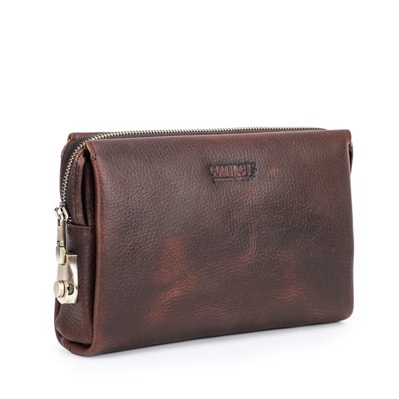 Contact's Mens Clutch Purse Bag with Lock , Full Grain Leather Travel Wristlet Clutch Wallet for Men, Valentine Gift, Coffee
