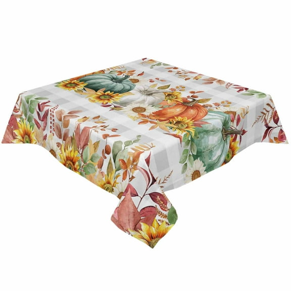 Thanksgiving Square/Round Tablecloths 52x52,Orange Green White Pumpkin Eucalyptus Plaid Table Cloth Table Cover Indoor/Outdoor Tabletop Decor for Wedding Holiday Party Dinner Baby Shower