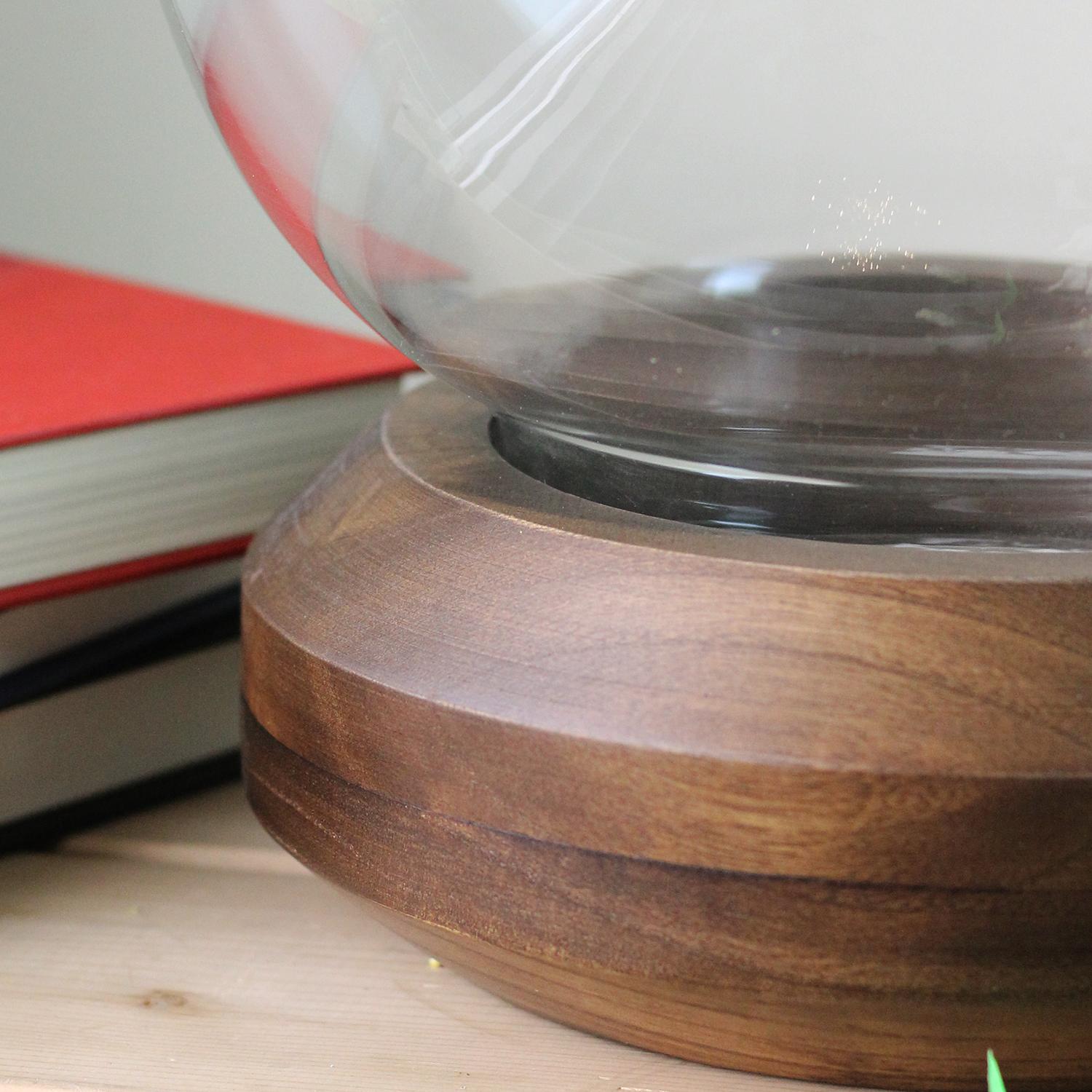 17" Wavy Edged Clear Glass Hurricane Pillar Candle Holder with Wooden