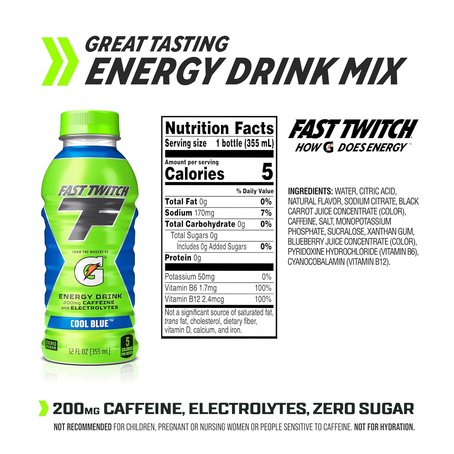 Fast Twitch by Gatorade Energy Drink, Cool Blue, 12 fl oz, 12 Count Bottles