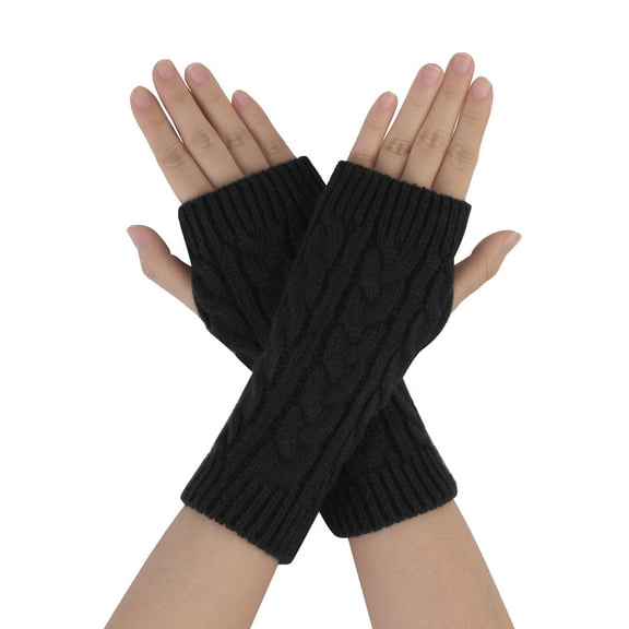 Unique Bargains One Pair Knitted Ribbed Thumb Hole Design Warm Gloves for Unisex