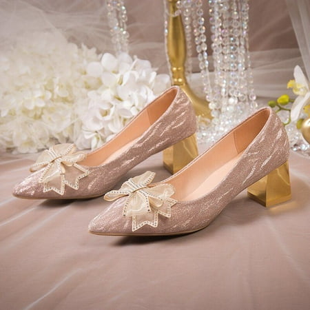 

Women‘s Chunky Heeled High Heels Sparkly Bow Tie Pointed Toe Pumps Women‘s Wedding Shoes