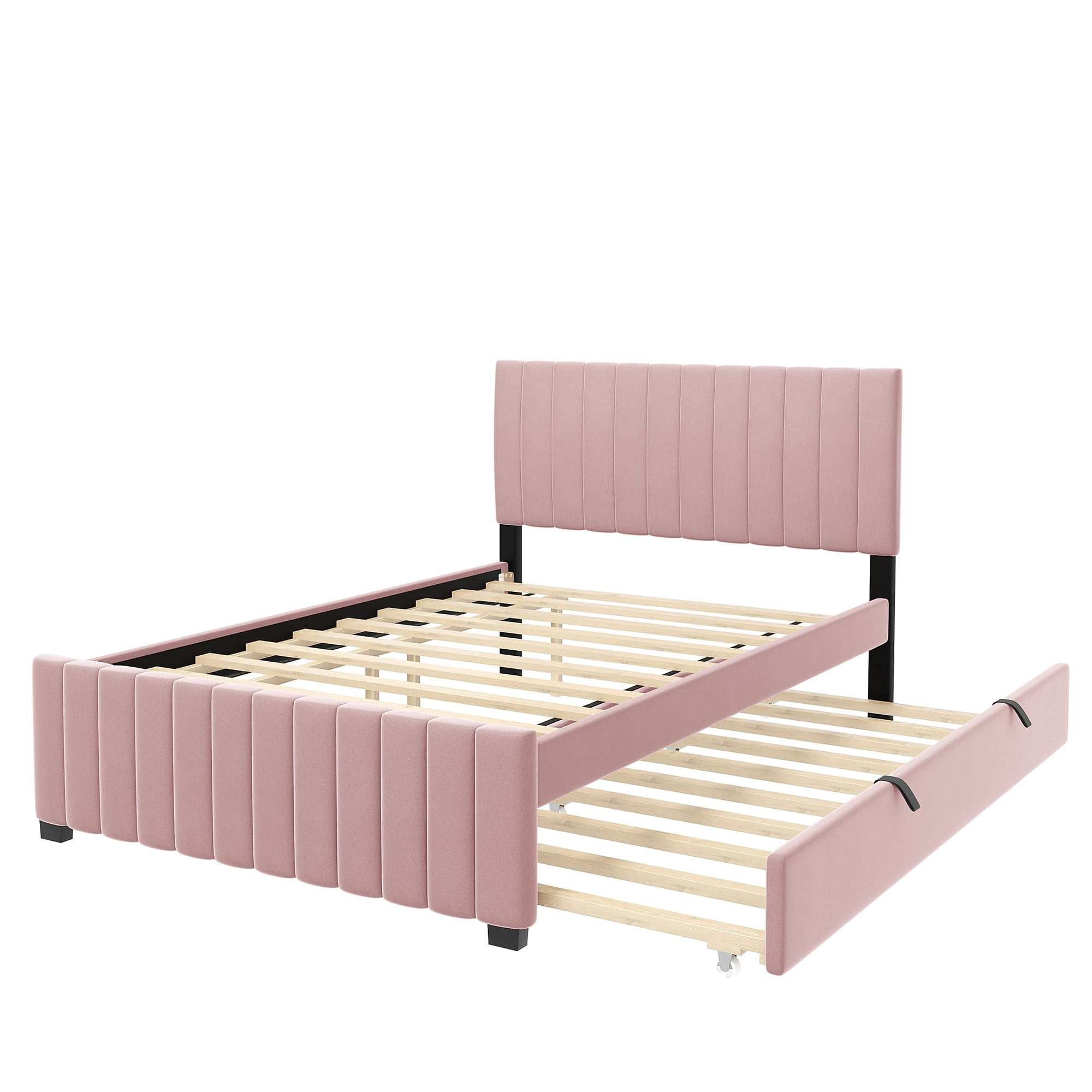 Aukfa Full Size Upholstered Platform Bed Frame with Twin Size Trundle for Bedroom,Guestroom, Pink