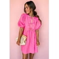 thumbnail image 3 of Women's Rose Striped Print Mini Dress – Short Puff Sleeve with Bow Detail for Summer Days, XL, 3 of 6