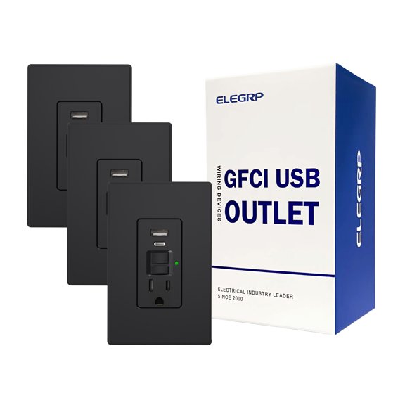 ELEGRP 15 Amp Tamper Resistant Self-Test GFCI Outlet & 24W In-Wall USB Charger combo Receptacle, Type A & Type C, Midsize Screwless Wall Plate included, UL & CUL Listed, Black, 3 pack