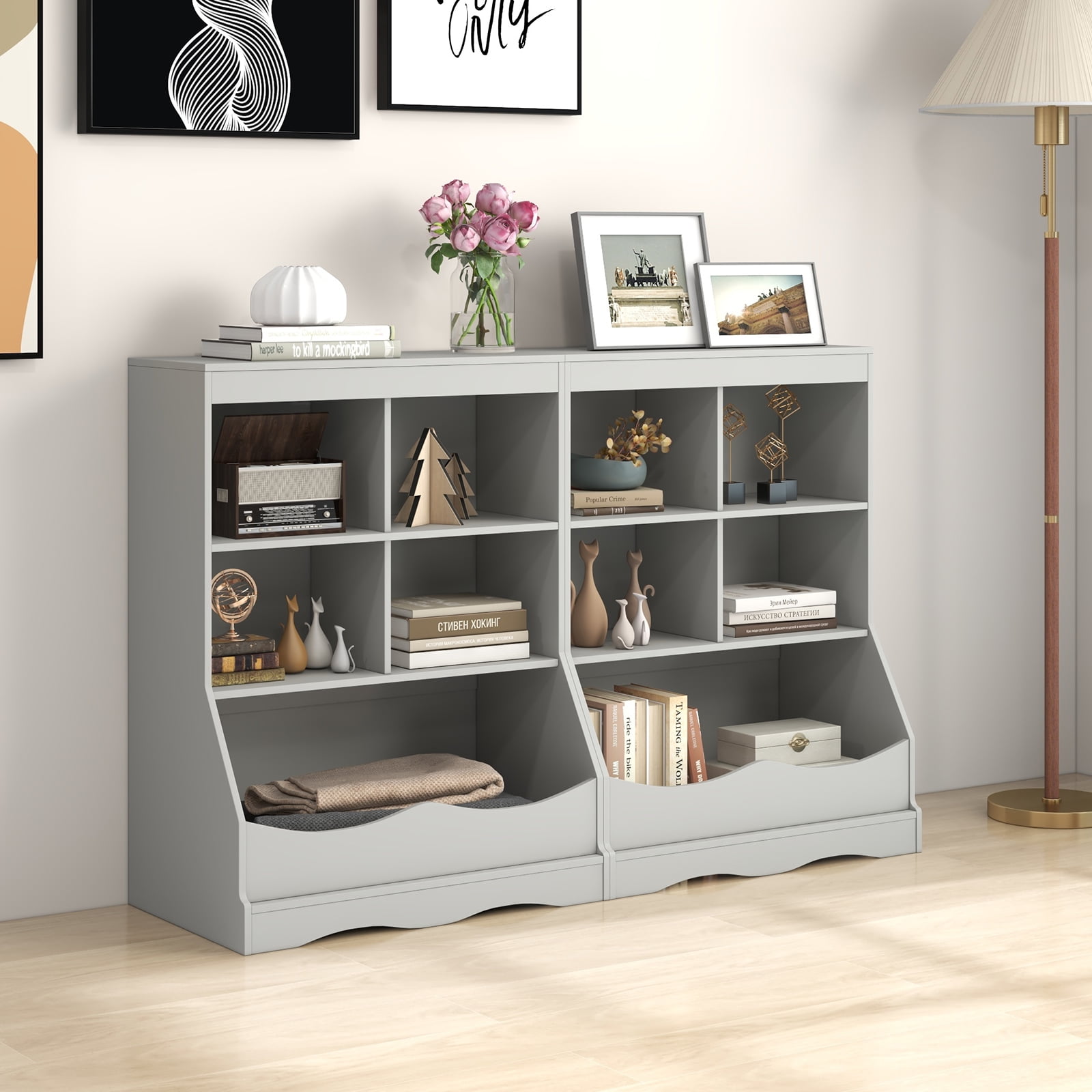 Giantex Kids Toy Storage Organizer, Wooden Organization w/Anti-Tipping Device, Gray
