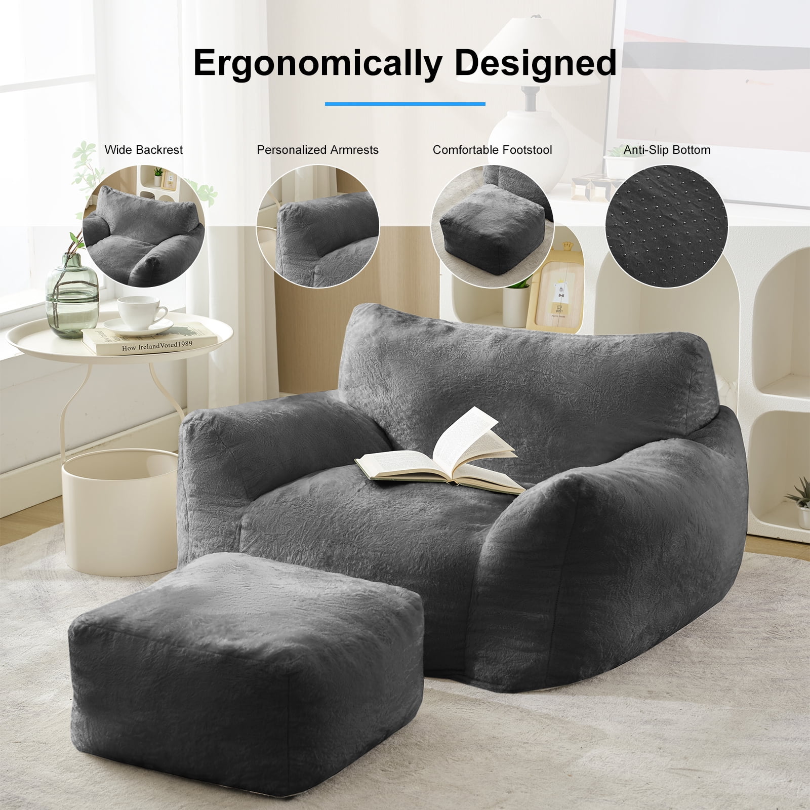 Puremind Bean Bag Chair for Kids and Adults, Oversized Bean Bag Couch with Ottoman, Faux Fur Lazy Sofa Chair for Living Room/Apartment/Bedroom, Light Gray