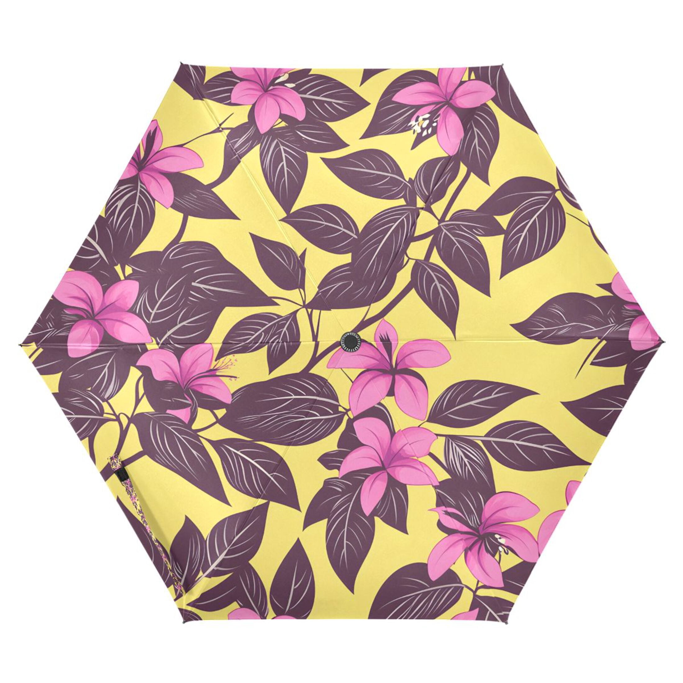 Magenta Flower and Purple Leaves Compact Sun Umbrella Windproof Travel Umbrellas for Rain Strong Portable UV Protection