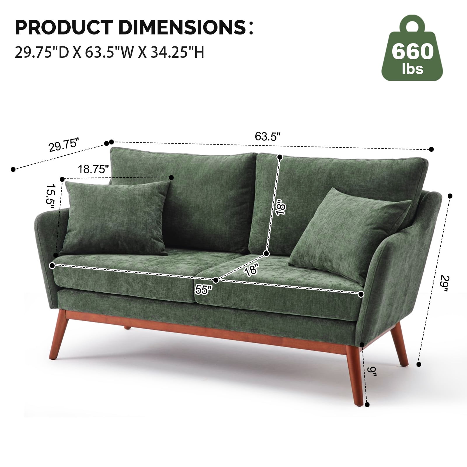 Ktaxon Mid-Century Modern Loveseat, Linen Blend 2-Seater Sofa, Solid Wood Frame Couch for Living Room, Apartment Green