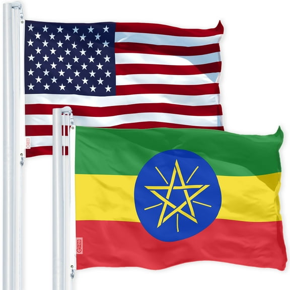 G128 Combo Pack: USA American Flag 3x5 Ft 150D Printed Stars & Ethiopia Flag 3x5 Ft 150D Printed