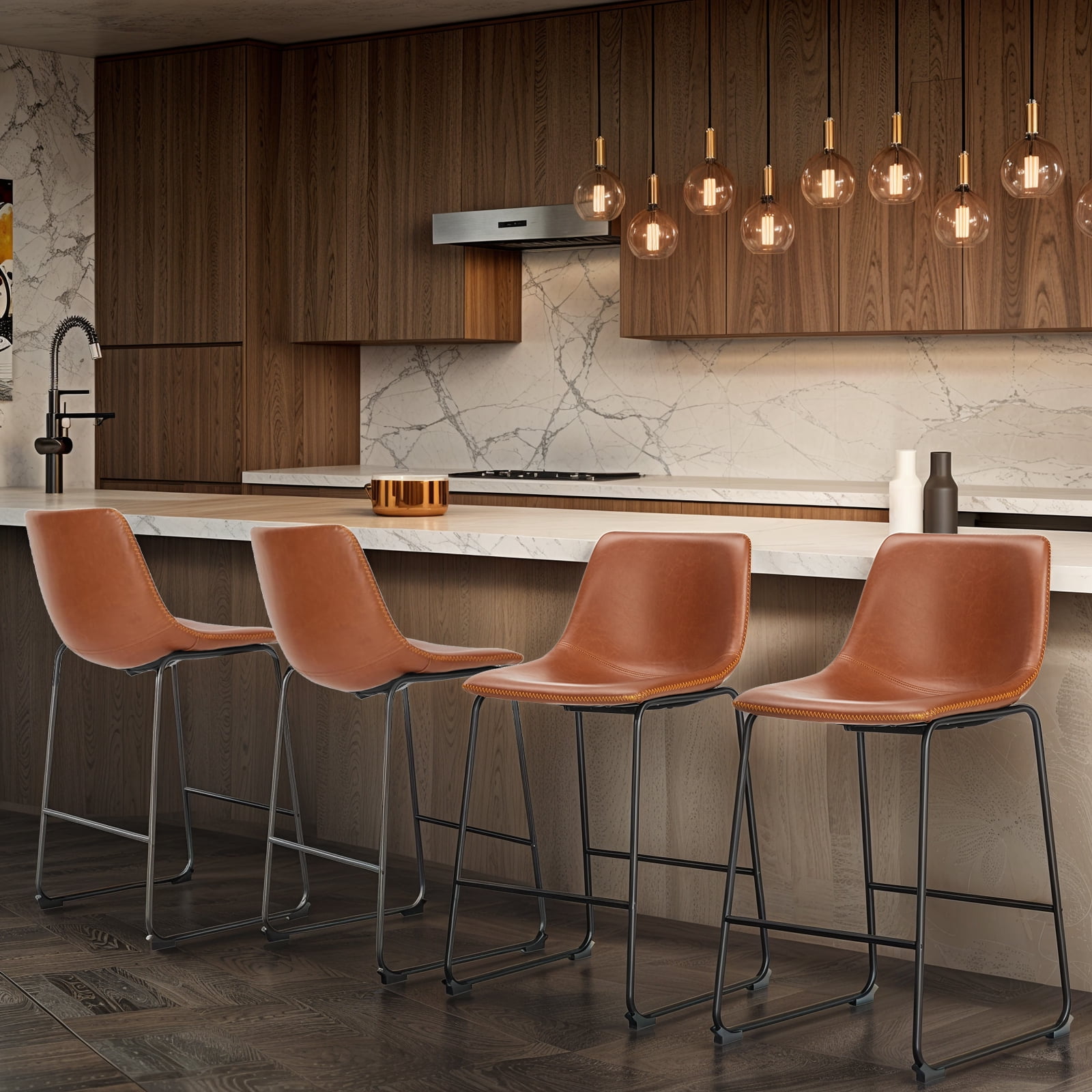 4-Pack Counter Height Bar Stools, Faux Leather Barstools with Back, 26 inch Seat Height Island Stools Countertop Brown Bar Chairs with Metal Legs