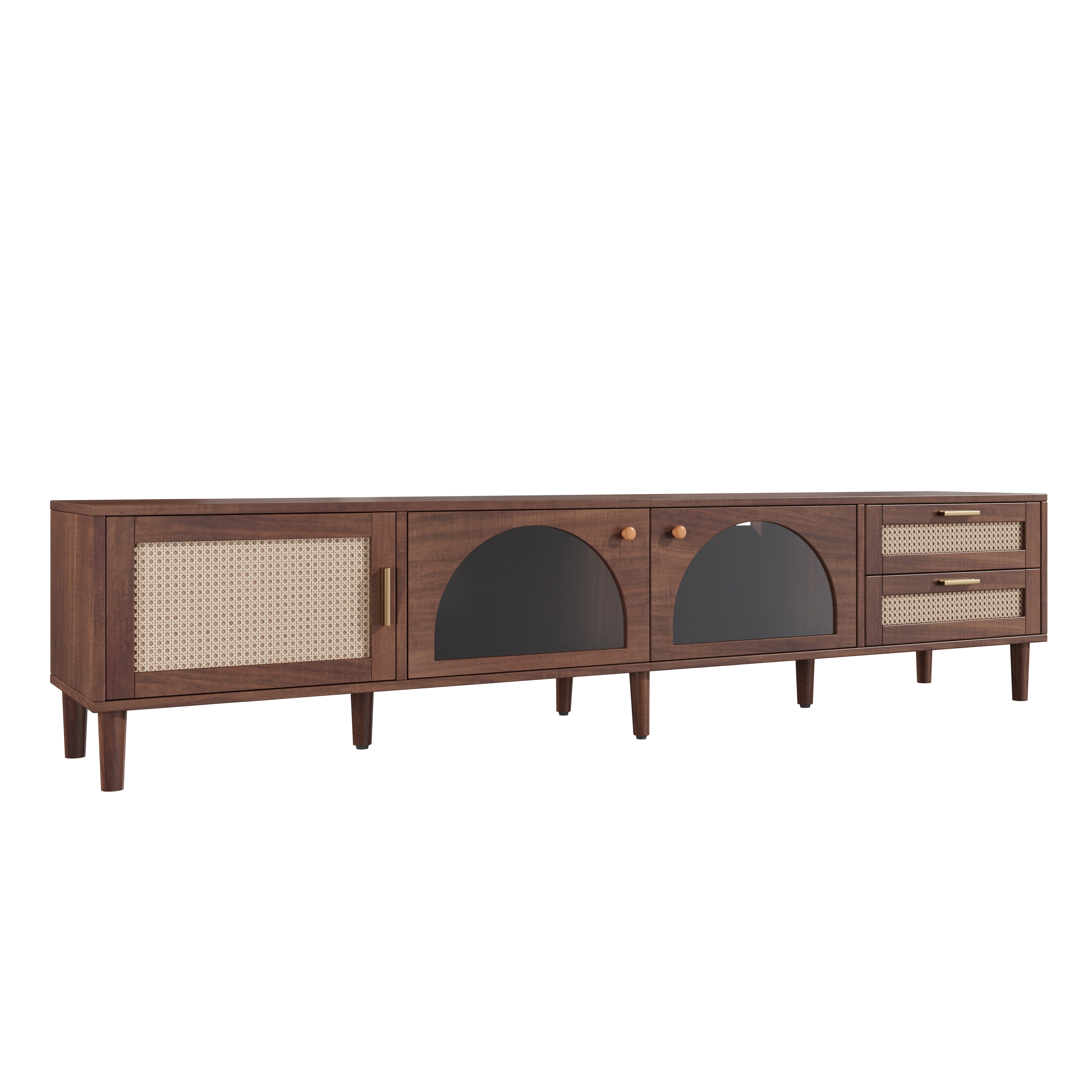 Homy Casa 86.6" TV Stand with LED Lights, Rattan Doors and Drawers, Walnut