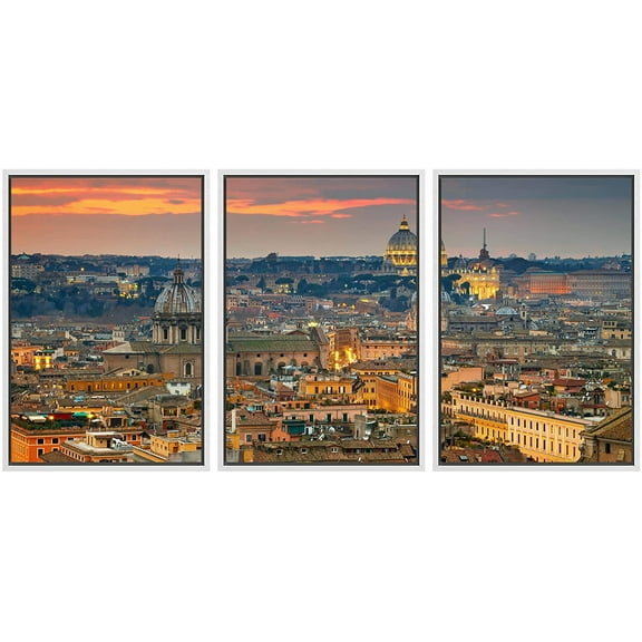 wall26 - 3 Piece Framed Canvas Wall Art - Wonderful View of Rome at Sunset Time with St Peter Cathedral - Modern Home Art Stretched and Framed Ready to Hang - 24"x36"x3 White