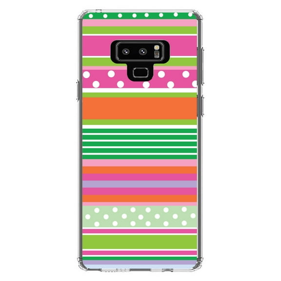DistinctInk Clear Shockproof Hybrid Case for Samsung Galaxy Note 9 - TPU Bumper, Acrylic Back, Tempered Glass Screen Protector - Green Pink White Stripes Polka Dots