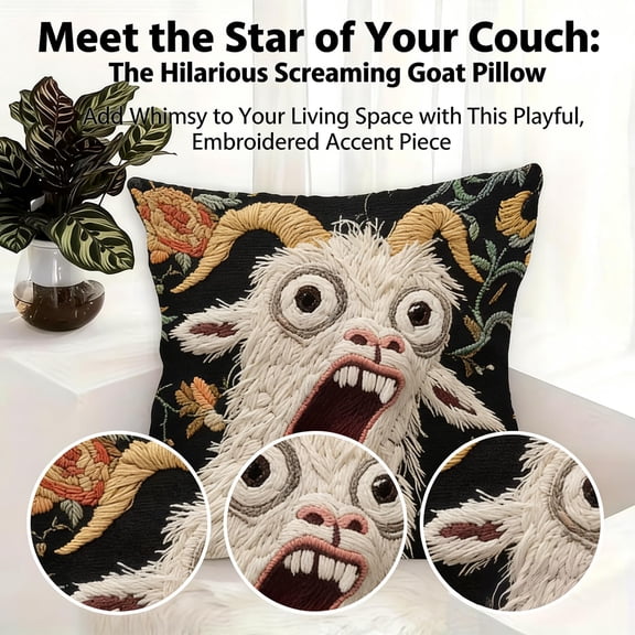 Screaming Goat Pillow Cover, 17.7x17.7 in Funny Goat Pillow Case, 2D Flat Printed Crazy Animal Graphic Cushion Cover for Couch Sofa Home Decor