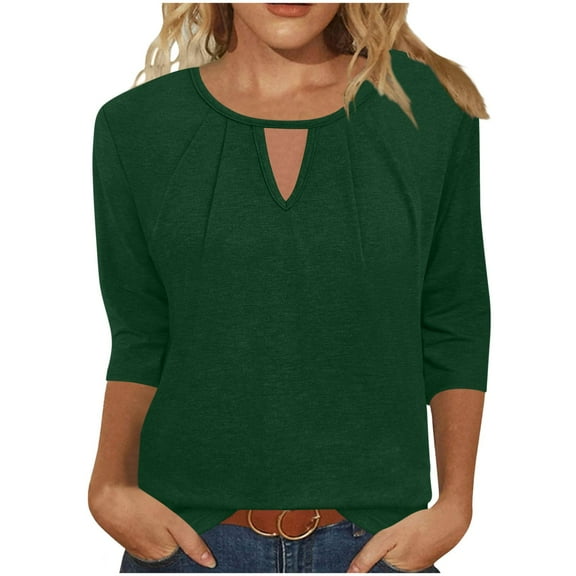 Womens Tops 3/4 Sleeve V-Neck Solid Color Pleated Casual Dressy Blouse Ladies Tunic Tops