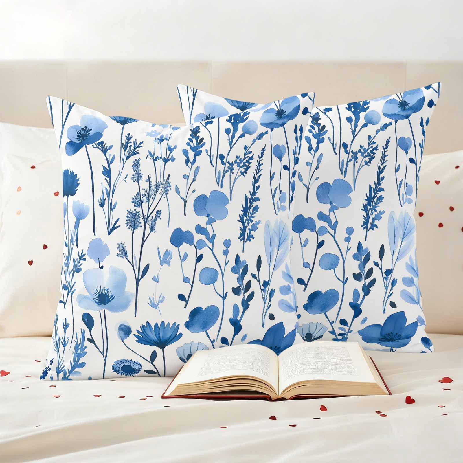 Spring Watercolor Pillow Covers 2 Pack Blue Flower Leaves Floral Pillowcase Waterproof Outdoor Throw Pillow Cover for Patio Garden Square Cushion 20”x20”