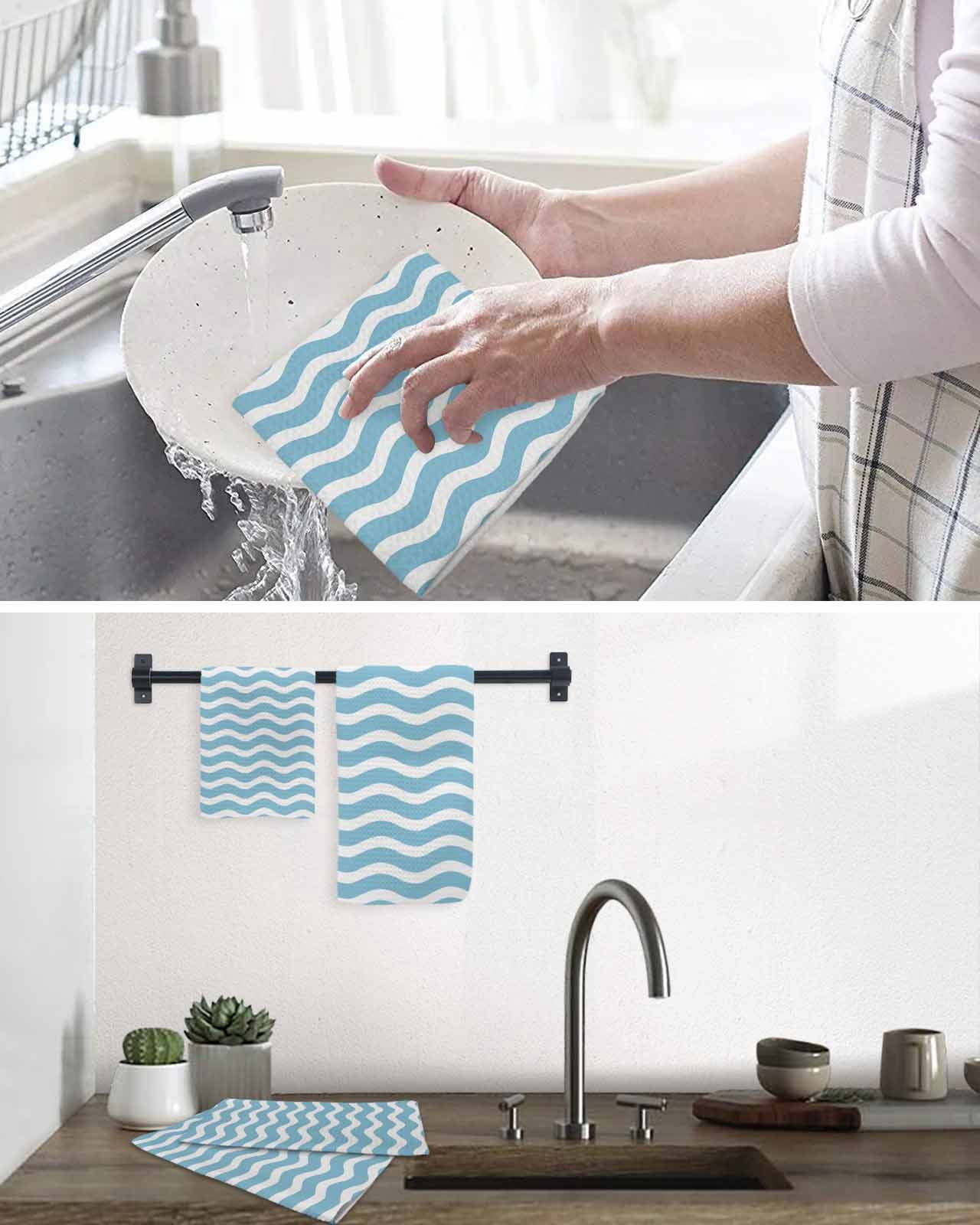 Blue White Kitchen Dish Towels for Drying Dishes Set of 3, Modern Abstract Waves Water Ripple Striped Waffle Weave Microfiber Terry Hand Tea Bathroom Towels Quick Dry & Absorbent Towel 12x12