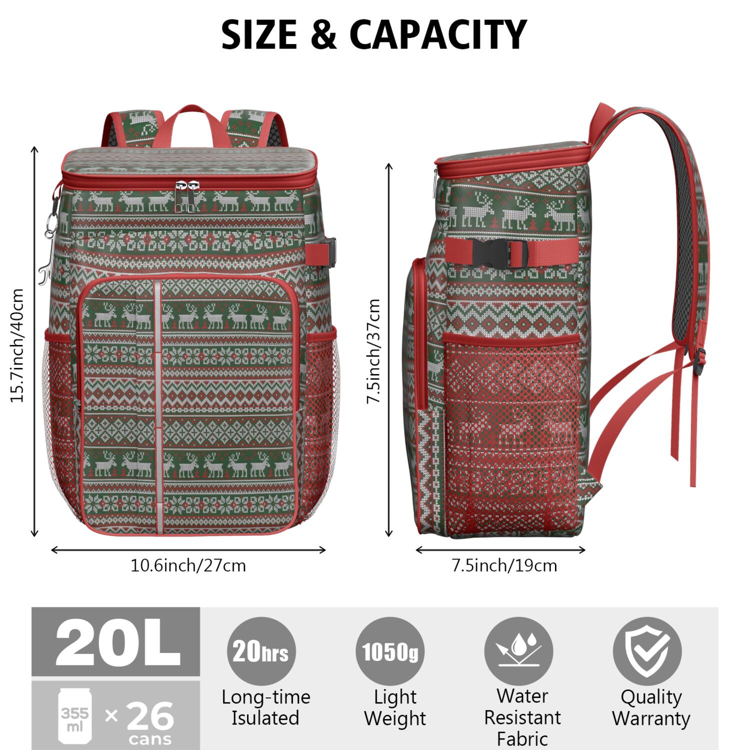 Travel Cooler Bag - Red and Green Christmas Reindeer Pattern Camping Beer Cooler Backpack with Bottle Opener- Waterproof Insulated Picnic Backpacks - Cooler Bag for Beach