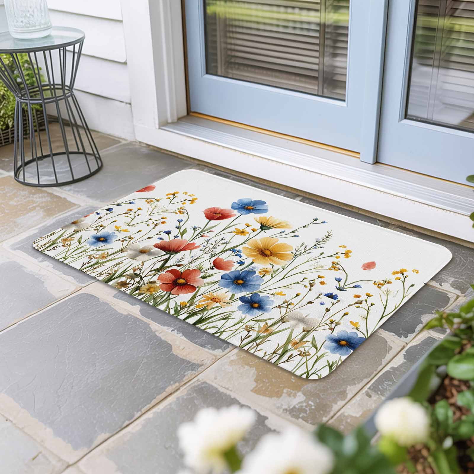 Red Blue Yellow Spring Floral Doormat Outdoor Entrance 18"x30", Blooming Summer Botanical Absorb Moisture Dirt Door Mats, Non-Slip Rubber Backing Floor Mats Indoor, Low-Profile Front Door Rugs