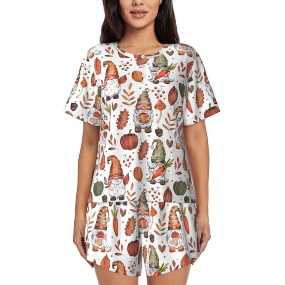 Logiee Gnomes And Autumn Leaves Print Womens Pajamas Set,Short-Sleeve Pajama 2 Piece Sleepwear with Pockets-Small