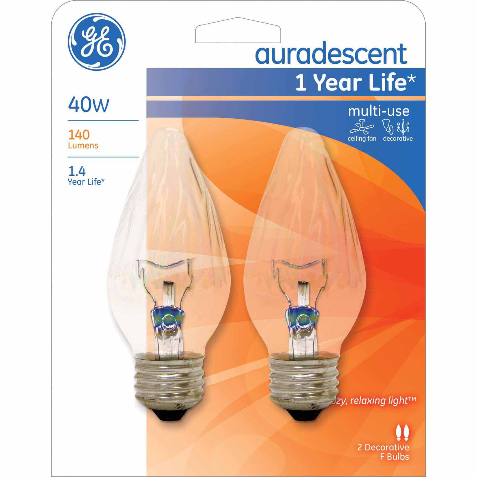 GE Auradescent Decorative Light Bulb, 40 Watt, Soft White, F Type Light Bulb, 2pk
