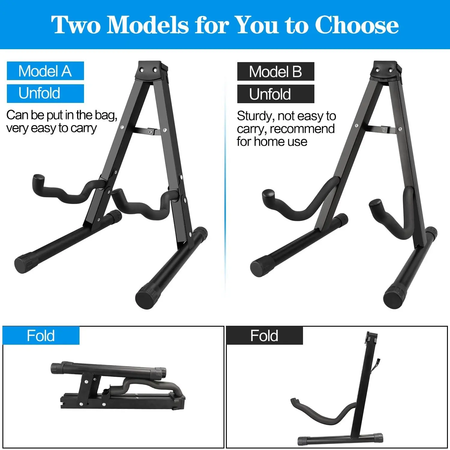 2 Pack A-Frame Folding Guitar Stand with Non-Slip Rubber and Foam Arms, Metal Guitar Stand for Acoustic, Electric, Bass, Ukulele, Banjo