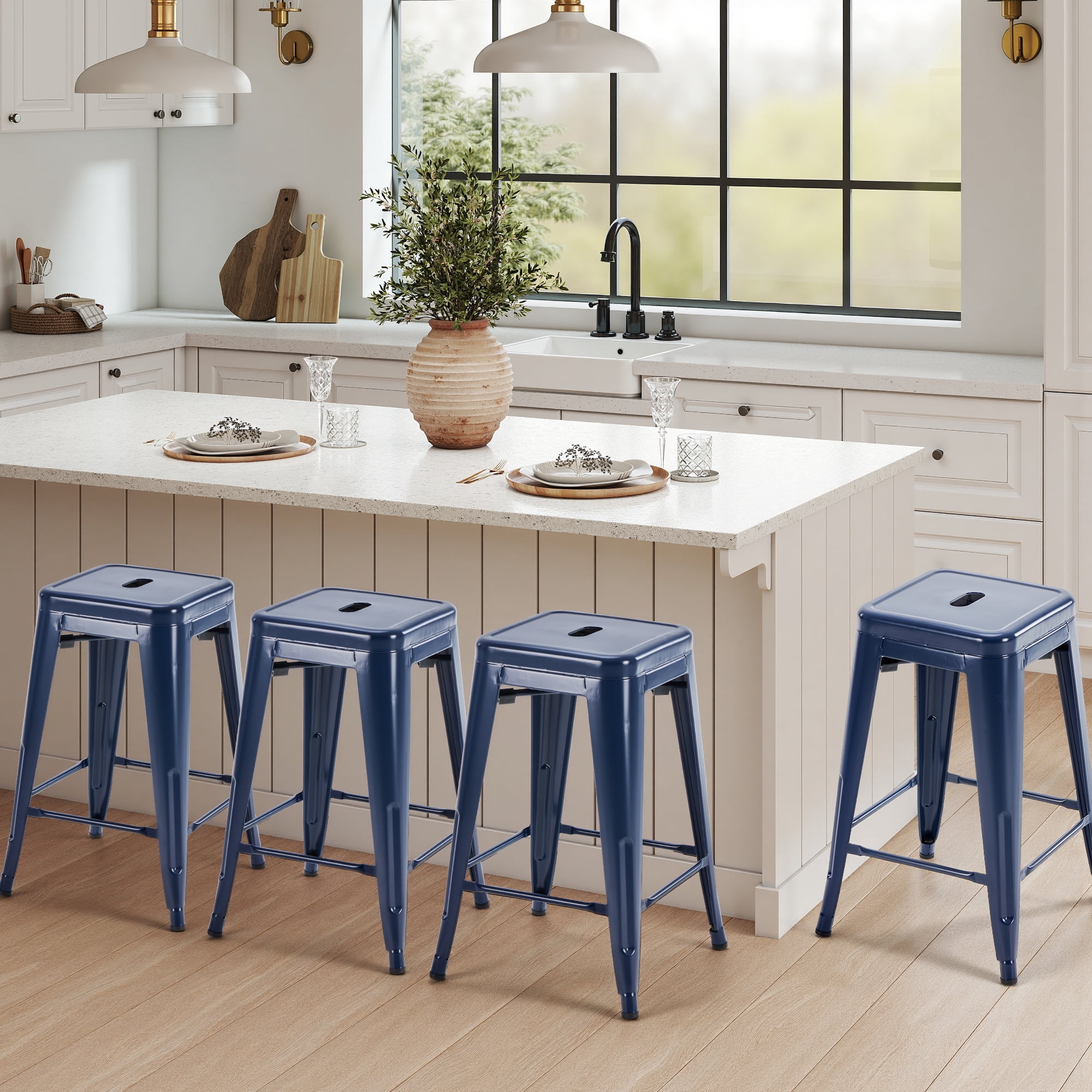 Metal Bar Stools, 4-Pack, Backless Counter Height, Stackable
