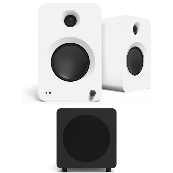 Kanto REN MW Bluetooth Powered Bookshelf Speakers - Matte White Pair with a Kanto SUB8VMB Sealed Powered 8" Subwoofer - Vinyl Black (2024)