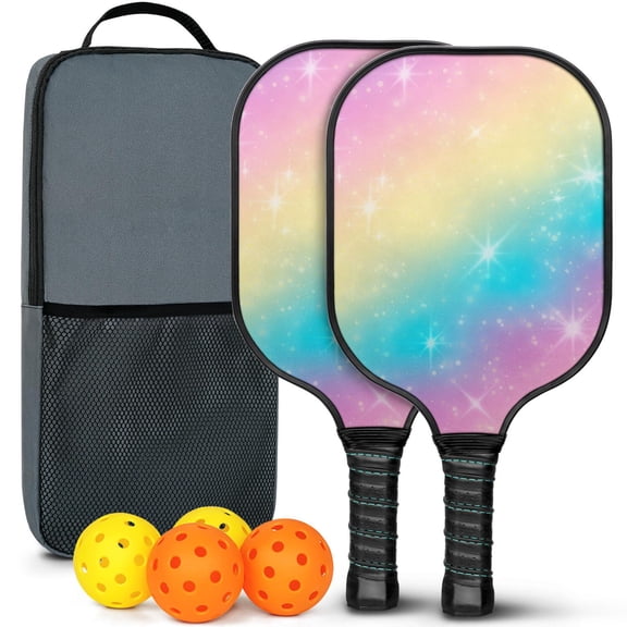 Pickleball Paddles Set Of 2, Fiberglass Surface, Vibrant Rainbow Print, 4 Balls & Bag