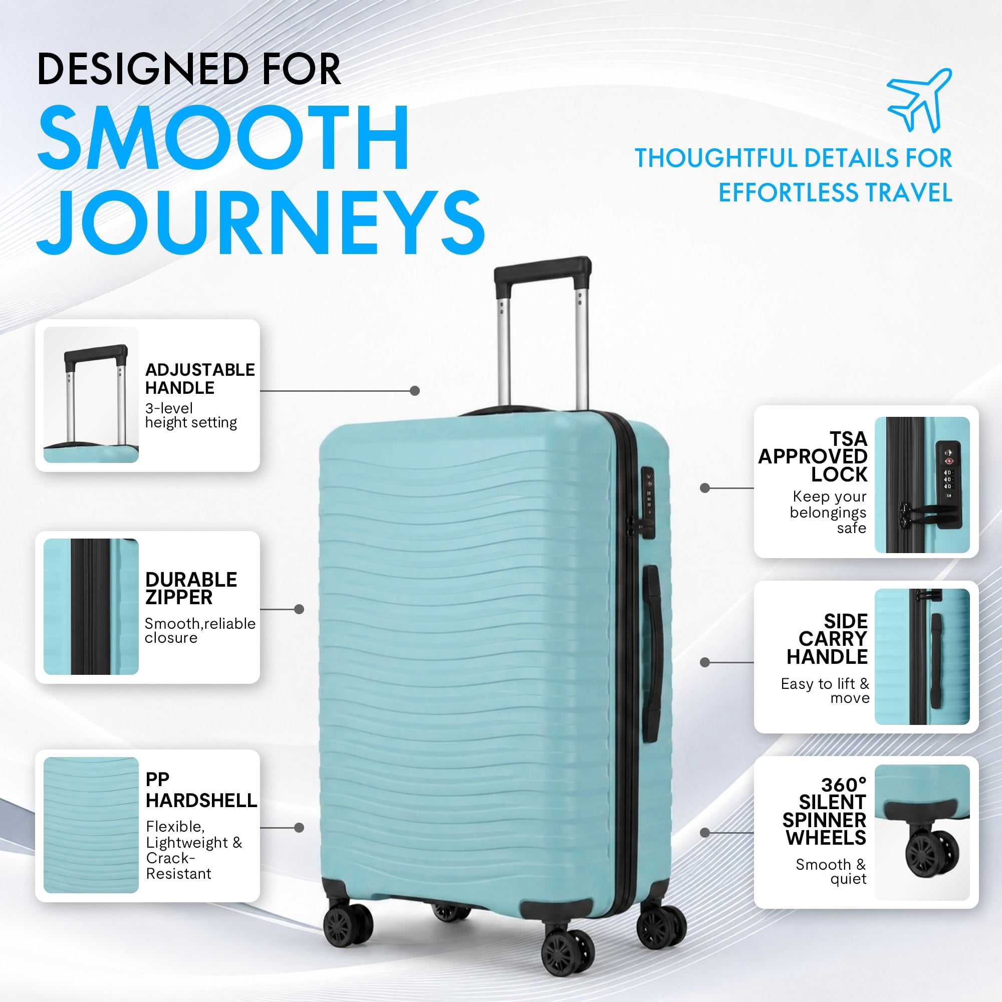 3-Piece PP Hardshell Luggage Set, Lightweight Scratch-Resistant Suitcases with Silent Spinner Wheels & TSA Lock, Sky Blue