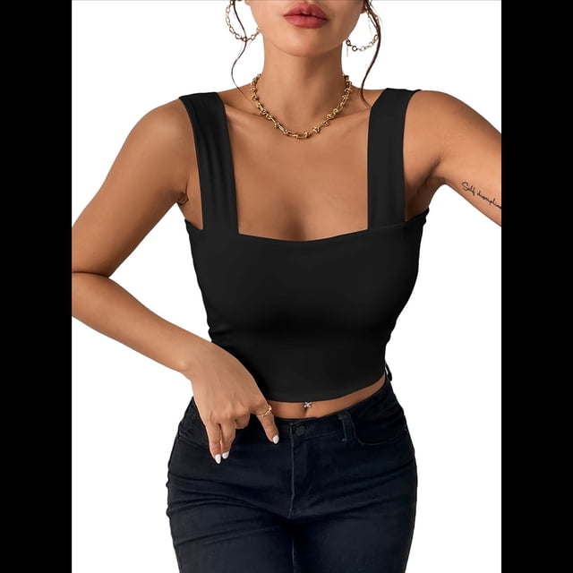 Tops Cortos de Tirantes Básicos Ajustados Sin Mangas Sexys para Mujer 2025 Negro M